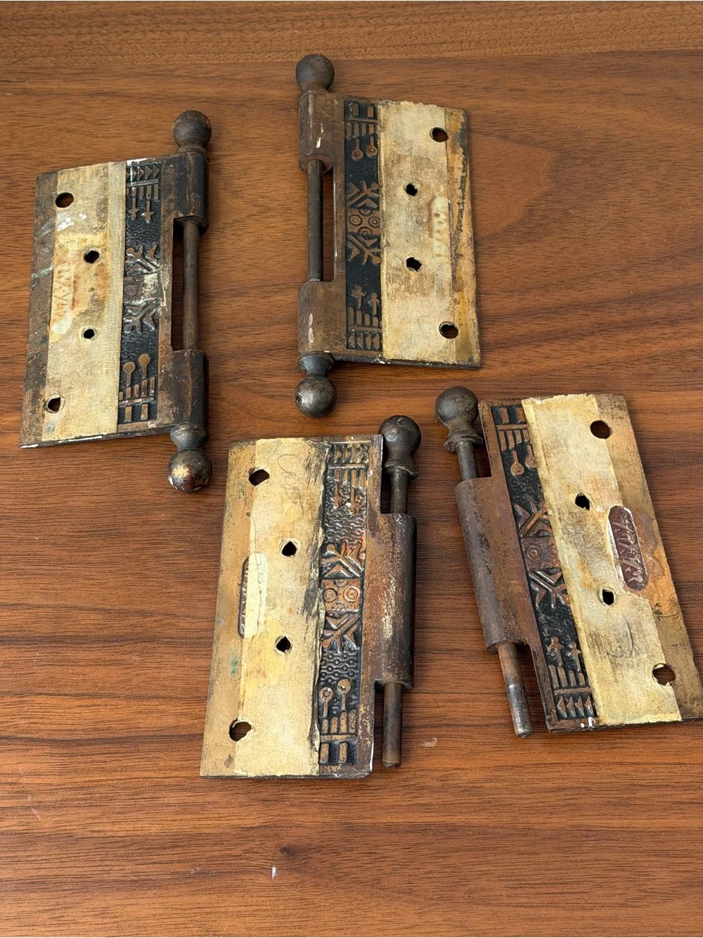 VTG Eastlake Ornate Cast Iron Hinges Pair w/ Ball Finial Pins Victorian Hardware
